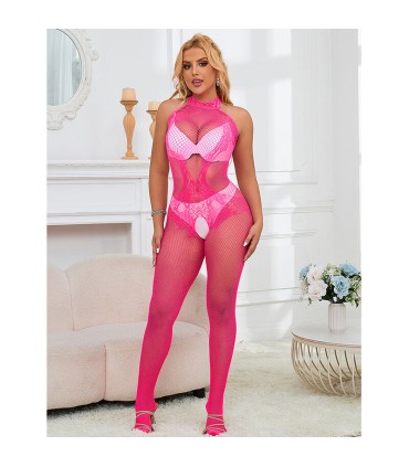 SUBBLIME 952389 BODYSTOCKING CROTCHLESS DE REJILLA Y ENCAJE CON CUELLO ALTO ROSA TALLA UNICA