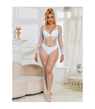 SUBBLIME 952396 BODYSTOCKING DE REJILLA CON DIAMANTES MANGA LARGA BLANCO TALLA UNICA