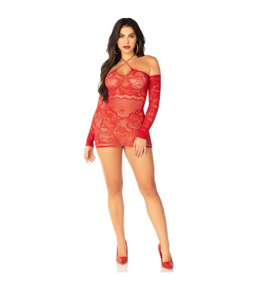 LEG AVENUE MINIVESTIDO DE REJILLA CON HOMBROS DESCUBIERTOS Y MANGA LARGA ROJO