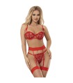 SUBBLIME - 954321 SUJETADOR + TANGA + LIGUEROS ESTAMPADO DE CORAZONES ROJO S/M