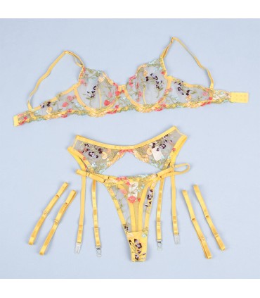 SUBBLIME 954352 SUJETADOR TANGA LIGUEROS DISENO FLORAL AMARILLO L XL