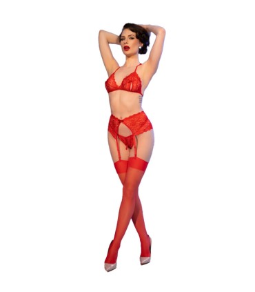 CHILIROSE CR 4848 SET SUJETADOR TANGA MEDIAS DE ENCAJE ROJO S