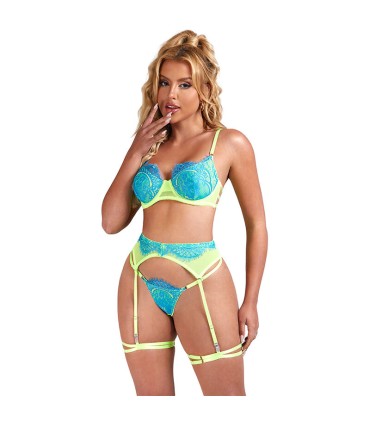 SUBBLIME 955311 SET SUJETADOR CON ENCAJE Y LIGUEROS VERDE Y AZUL S M