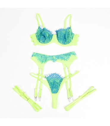 SUBBLIME 955328 SET SUJETADOR CON ENCAJE Y LIGUEROS VERDE Y AZUL L XL