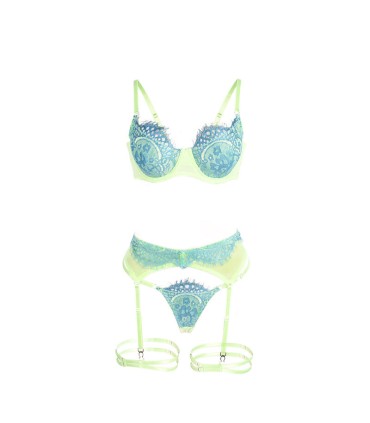 SUBBLIME 955328 SET SUJETADOR CON ENCAJE Y LIGUEROS VERDE Y AZUL L XL