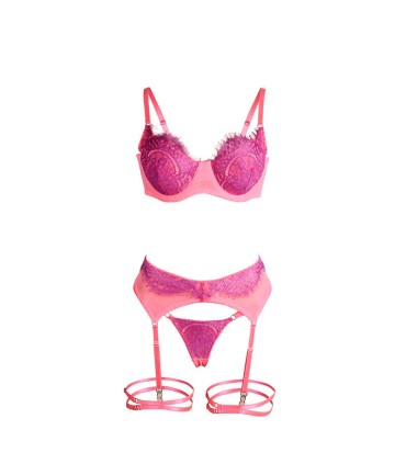 SUBBLIME 955359 SET SUJETADOR CON ENCAJE Y LIGUEROS ROSA Y MORADO S M