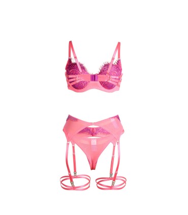 SUBBLIME 955359 SET SUJETADOR CON ENCAJE Y LIGUEROS ROSA Y MORADO S M