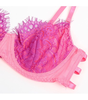 SUBBLIME 955366 SET SUJETADOR CON ENCAJE Y LIGUEROS ROSA Y MORADO L XL