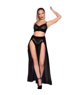 CHILIROSE CR 4672 TOP NEGRO FALDA Y TANGA CON CADENAS DORADAS M