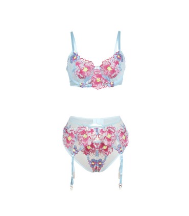 SUBBLIME 957650 CONJUNTO SUJETADOR Y LIGUERO CON BORDADOS DE FLORES ROSAS L XL