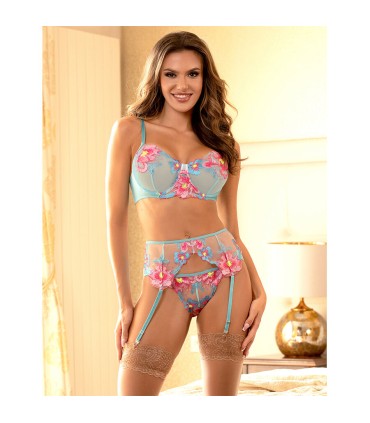 SUBBLIME 957650 CONJUNTO SUJETADOR Y LIGUERO CON BORDADOS DE FLORES ROSAS L XL