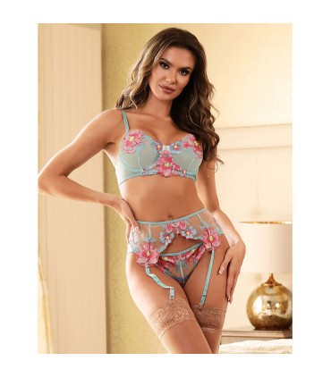 SUBBLIME 957650 CONJUNTO SUJETADOR Y LIGUERO CON BORDADOS DE FLORES ROSAS L XL