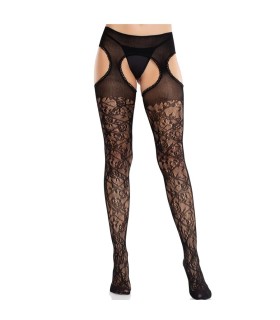 LEG AVENUE MEDIAS DE ENCAJE FLORAL CON LIGAS UNIDAS NEGRO