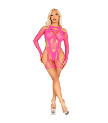 LEG AVENUE BODY DE REJILLA CON LIGA Y ARNES ROSA NEON