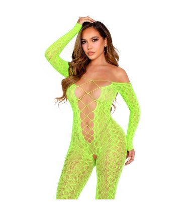 LEG AVENUE BODYSTOCKING SIN ENTREPIERNA DE ENCAJE DE SERPIENTE EXOTICA VERDE NEON
