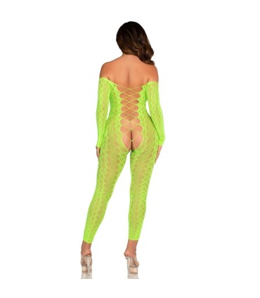 LEG AVENUE BODYSTOCKING SIN ENTREPIERNA DE ENCAJE DE SERPIENTE EXOTICA VERDE NEON