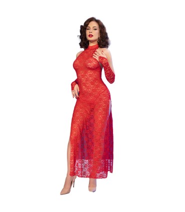 CHILIROSE CR 4853 VESTIDO ROJO DE ENCAJE CON GUANTES S M