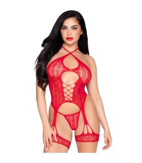LEG AVENUE 89338 SET BODY ABIERTO CON LIGUERO TANGA DE ENCAJE ROJO TALLA UNICA