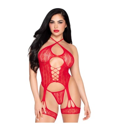 LEG AVENUE 89338 SET BODY ABIERTO CON LIGUERO TANGA DE ENCAJE ROJO TALLA UNICA