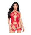 LEG AVENUE - 89338 SET BODY ABIERTO CON LIGUERO + TANGA DE ENCAJE ROJO - TALLA ÚNICA