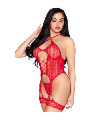 LEG AVENUE 89338 SET BODY ABIERTO CON LIGUERO TANGA DE ENCAJE ROJO TALLA UNICA