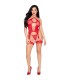 LEG AVENUE 89338 SET BODY ABIERTO CON LIGUERO TANGA DE ENCAJE ROJO TALLA UNICA