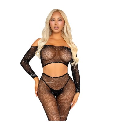 LEG AVENUE CROP TOP Y LEGGING DE REJILLA CON PEDRERIA NEGRO