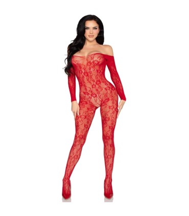 LEG AVENUE 89366 BODYSTOCKING DE LENCERIA DE ENCAJE ROJO TALLA UNICA
