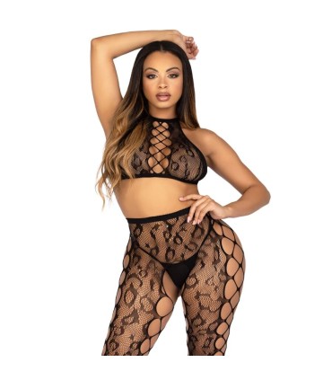 LEG AVENUE 89372 CROP TOP CROTCHLESS TIGHTS BLACK ONE SIZE