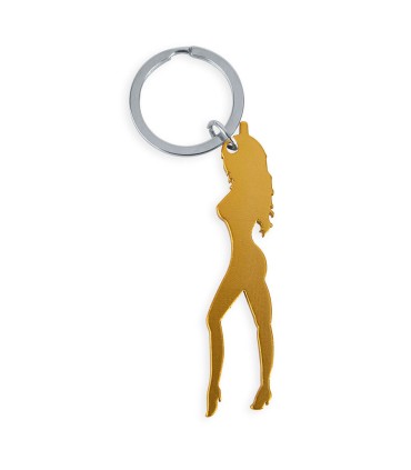 DIABLO PICANTE LLAVERO CON SILUETA DE MUJER COLOR DORADO CON ABRIDOR DE CERVEZA